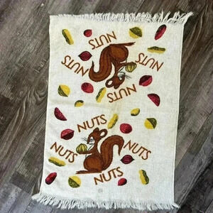 Vintage 1960s 1970s NUTS / SQUIRRELS Hand Towel White & Fringe 60s 70s